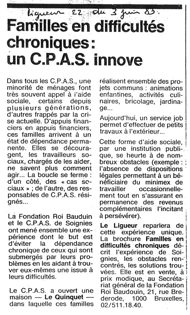 "Familles en difficultés chroniques : le C.P.A.S. innove", Ligueur du 22 au 03 juin 1983