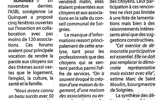 Le Quinquet asbl Dernière Heure janvier 2005