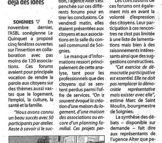 Le Quinquet asbl Dernière Heure janvier 2005