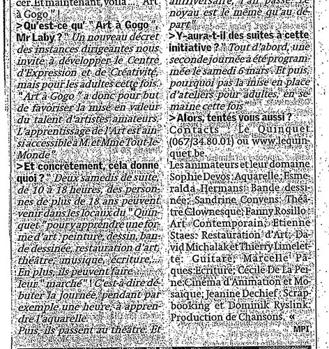 Le Quinquet asbl Art à Gogo Nouvelle Gazette 2010