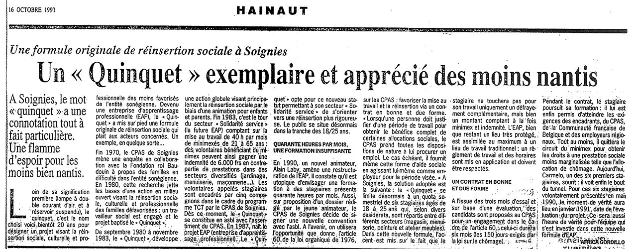 Le Quinquet asbl Le Soir octobre 1990
