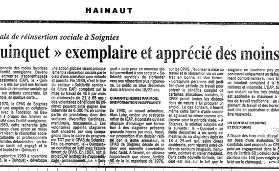 Le Quinquet asbl Le Soir octobre 1990