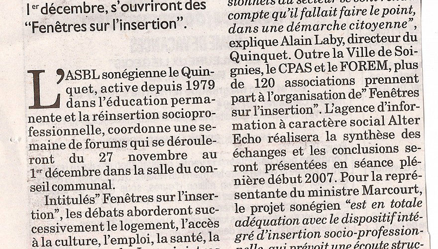 Le Quinquet asbl La Libre novembre 2006