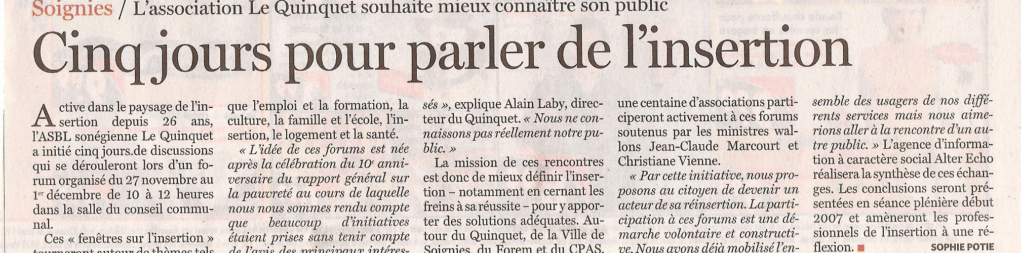 Le Quinquet asbl Le Soir novembre 2006